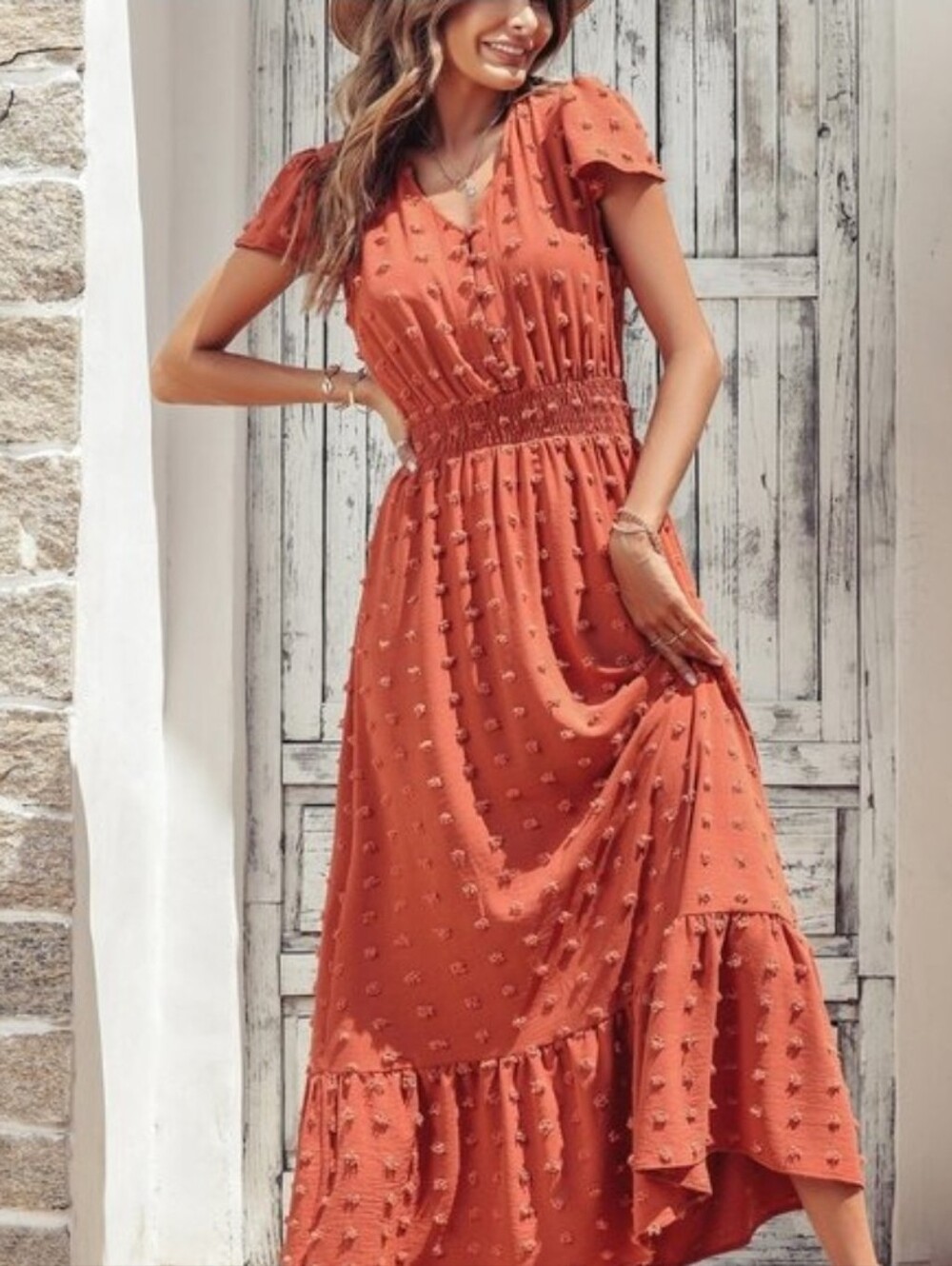Textured Orange Maxi Dress with Smocked Waist